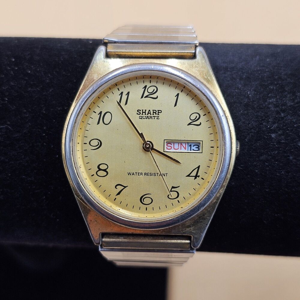 Vintage Sharp Quartz Men's Watch 247242 Gold Tone Day Date Stretch Band Japan
